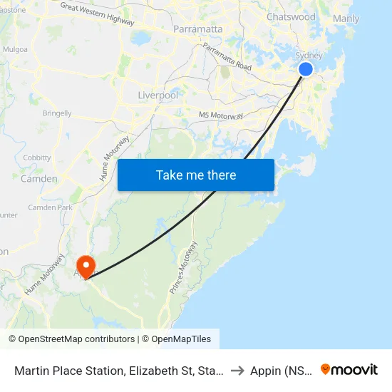 Martin Place Station, Elizabeth St, Stand E to Appin (NSW) map