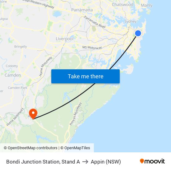 Bondi Junction Station, Stand A to Appin (NSW) map