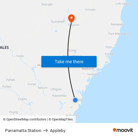Parramatta Station to Appleby map