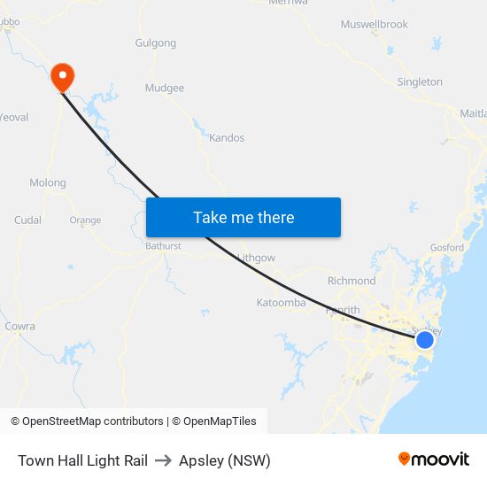 Town Hall Light Rail to Apsley (NSW) map