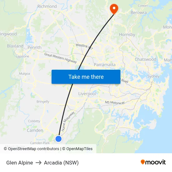 Glen Alpine to Arcadia (NSW) map