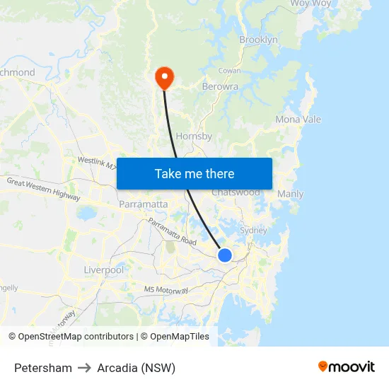 Petersham to Arcadia (NSW) map