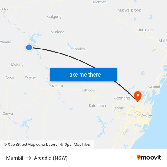 Mumbil to Arcadia (NSW) map