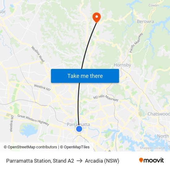 Parramatta Station, Stand A2 to Arcadia (NSW) map