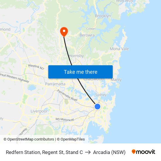 Redfern Station, Regent St, Stand C to Arcadia (NSW) map