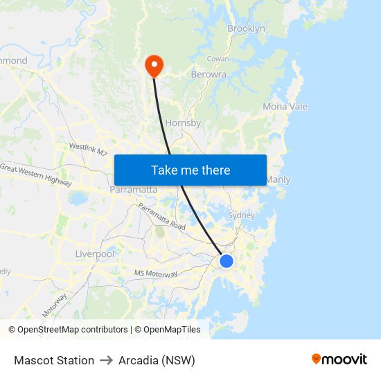 Mascot Station to Arcadia (NSW) map