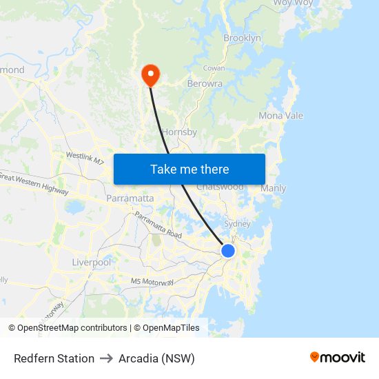 Redfern Station to Arcadia (NSW) map