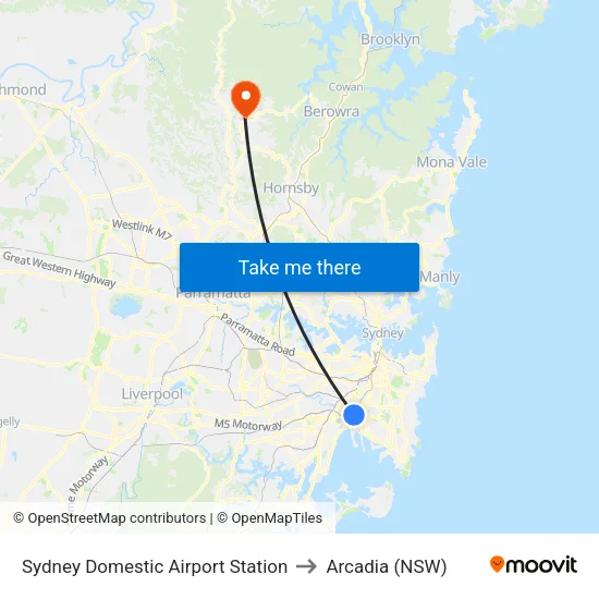 Sydney Domestic Airport Station to Arcadia (NSW) map