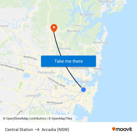 Central Station to Arcadia (NSW) map