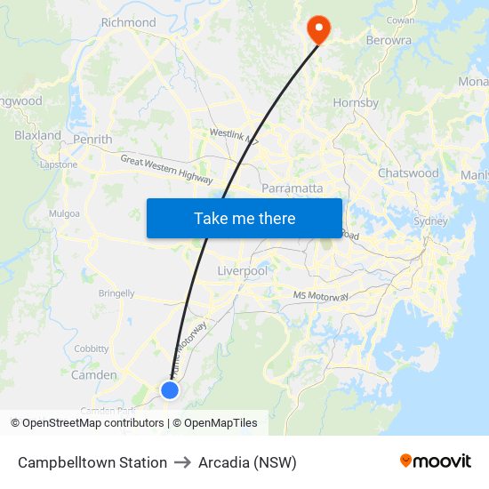 Campbelltown Station to Arcadia (NSW) map