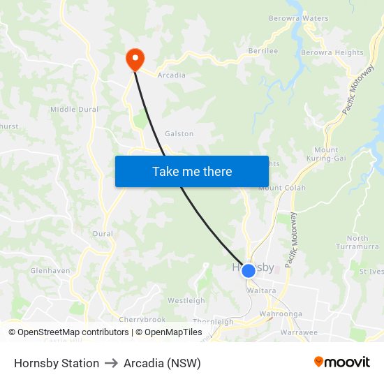 Hornsby Station to Arcadia (NSW) map