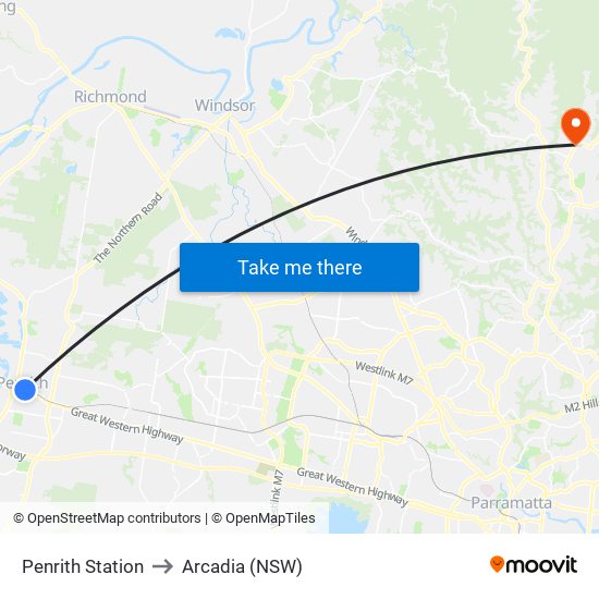 Penrith Station to Arcadia (NSW) map