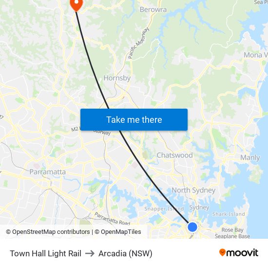 Town Hall Light Rail to Arcadia (NSW) map