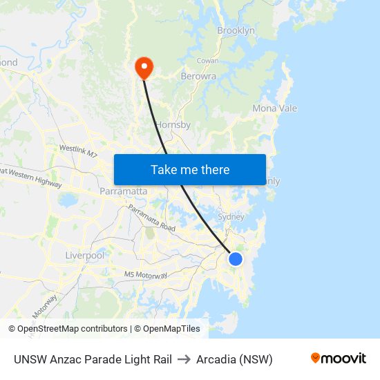 UNSW Anzac Parade Light Rail to Arcadia (NSW) map