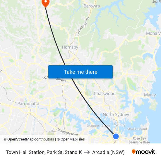 Town Hall Station, Park St, Stand K to Arcadia (NSW) map