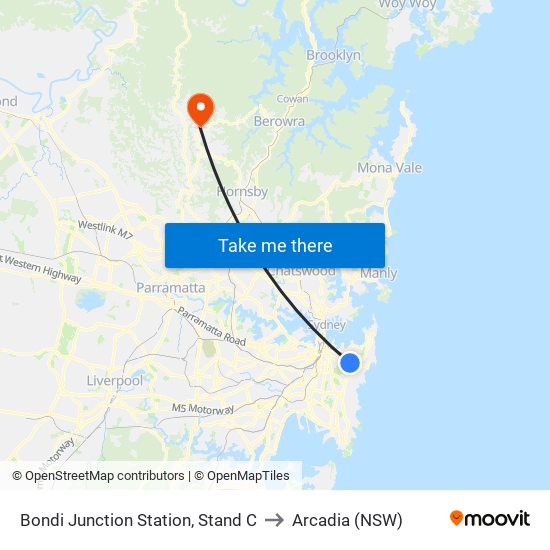 Bondi Junction Station, Stand C to Arcadia (NSW) map
