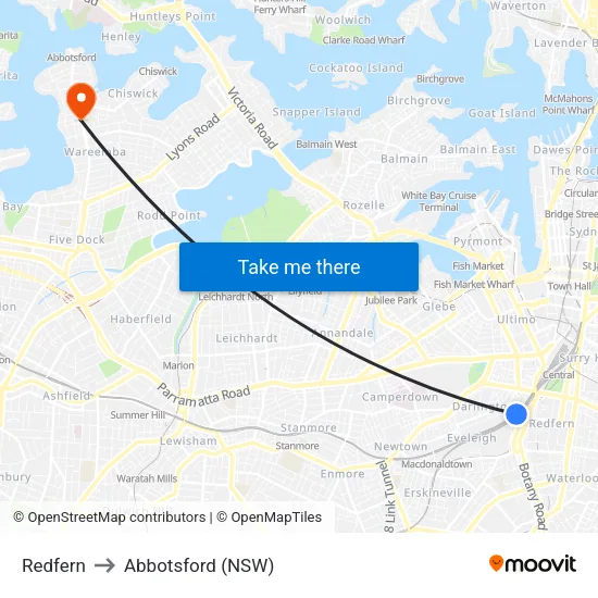 Redfern to Abbotsford (NSW) map