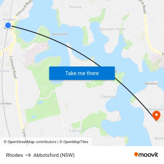Rhodes to Abbotsford (NSW) map
