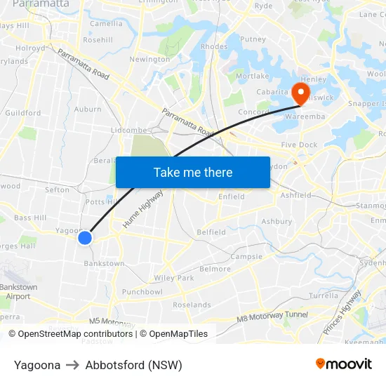 Yagoona to Abbotsford (NSW) map
