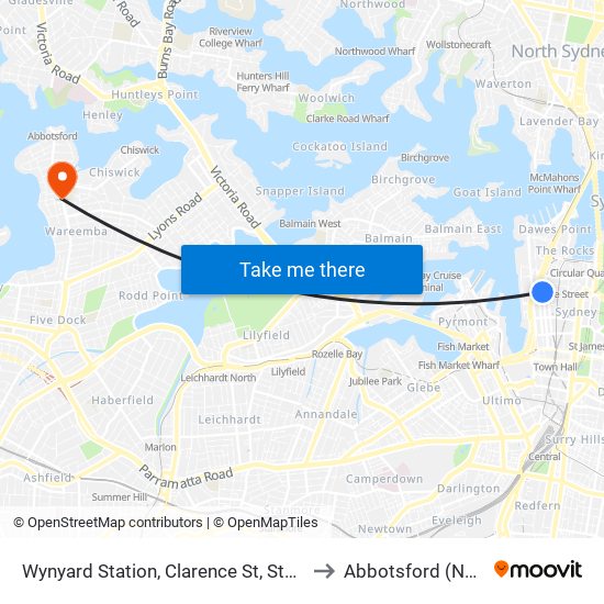 Wynyard Station, Clarence St, Stand R to Abbotsford (NSW) map