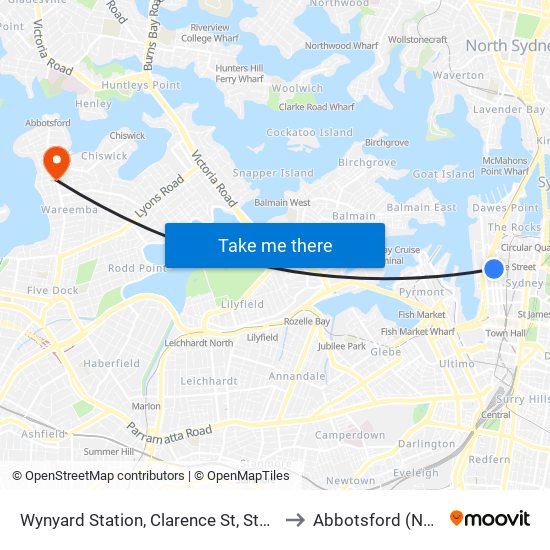 Wynyard Station, Clarence St, Stand S to Abbotsford (NSW) map