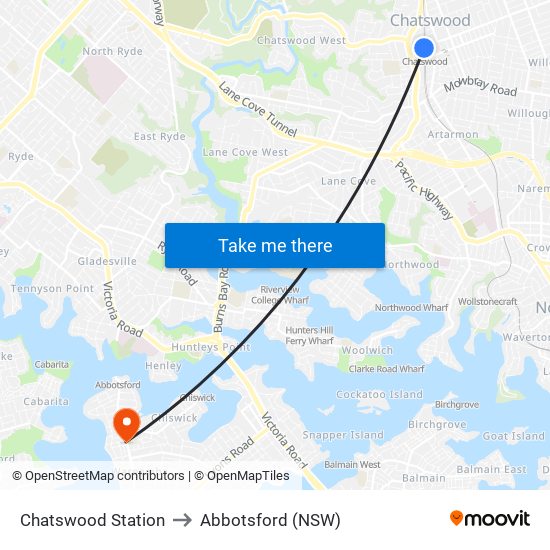 Chatswood Station to Abbotsford (NSW) map