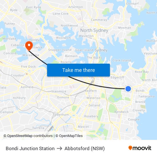 Bondi Junction Station to Abbotsford (NSW) map