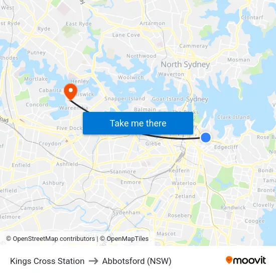 Kings Cross Station to Abbotsford (NSW) map