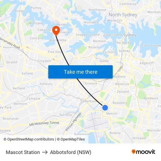 Mascot Station to Abbotsford (NSW) map