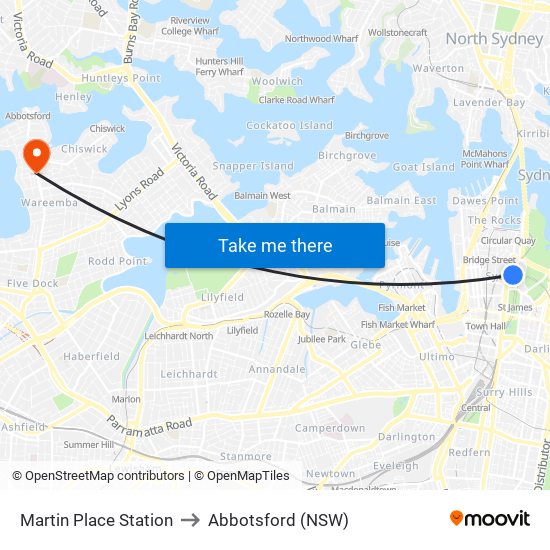 Martin Place Station to Abbotsford (NSW) map