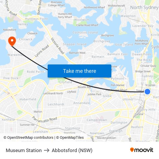 Museum Station to Abbotsford (NSW) map