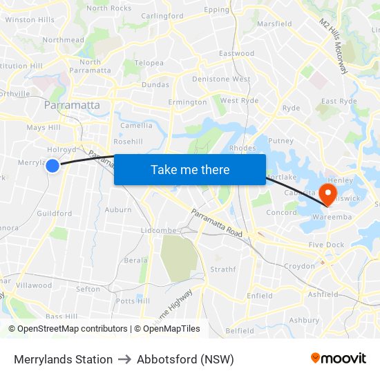 Merrylands Station to Abbotsford (NSW) map
