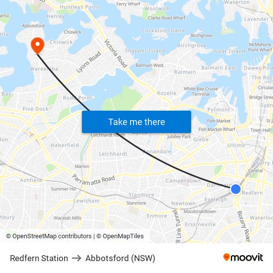 Redfern Station to Abbotsford (NSW) map