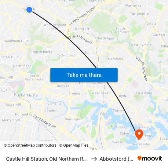 Castle Hill Station, Old Northern Rd, Stand C to Abbotsford (NSW) map