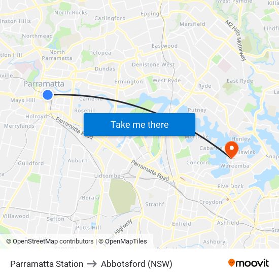 Parramatta Station to Abbotsford (NSW) map