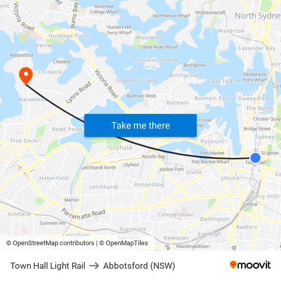Town Hall Light Rail to Abbotsford (NSW) map
