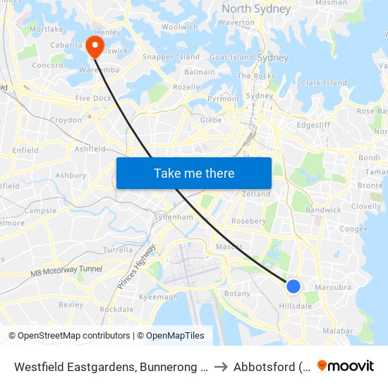 Westfield Eastgardens, Bunnerong Rd, Stand A to Abbotsford (NSW) map