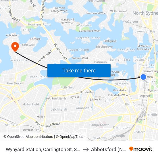 Wynyard Station, Carrington St, Stand B to Abbotsford (NSW) map