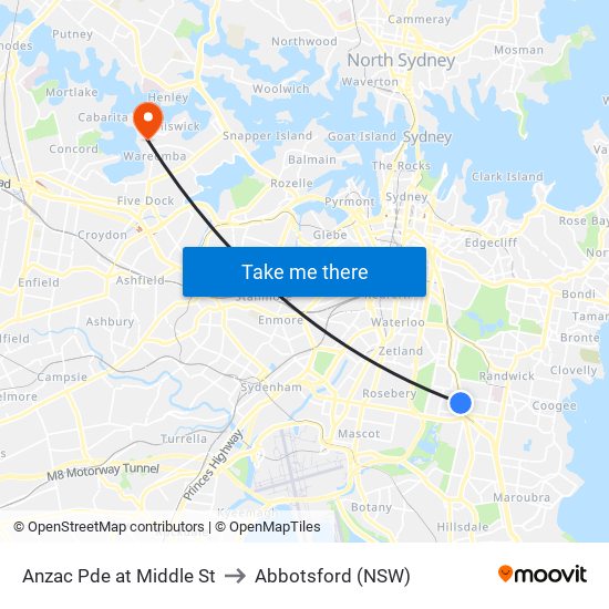 Anzac Pde at Middle St to Abbotsford (NSW) map