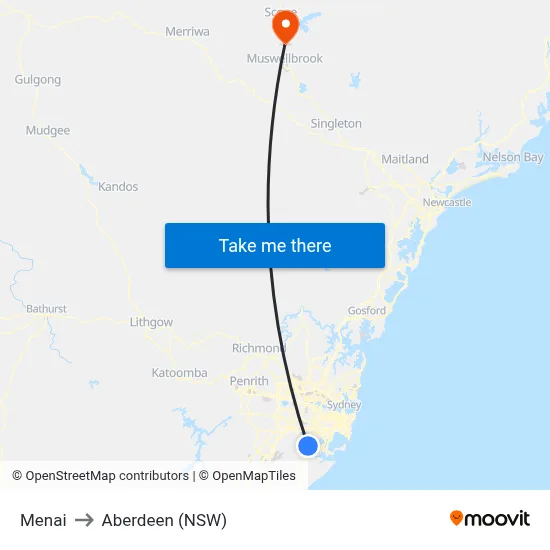 Menai to Aberdeen (NSW) map