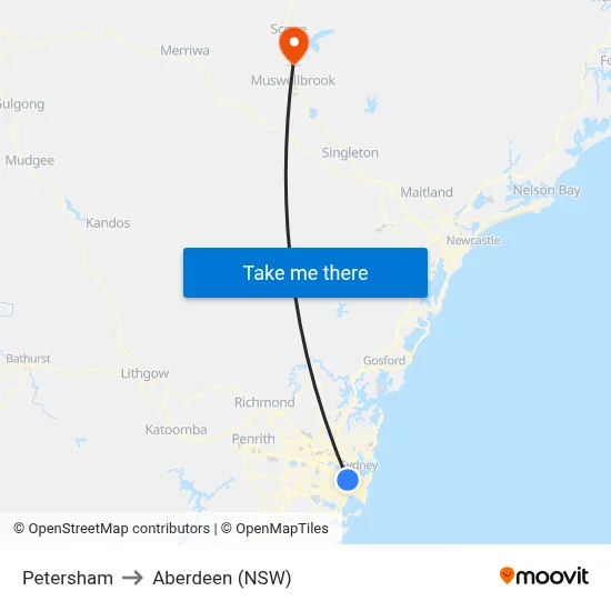 Petersham to Aberdeen (NSW) map