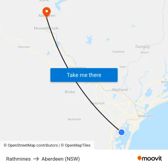 Rathmines to Aberdeen (NSW) map