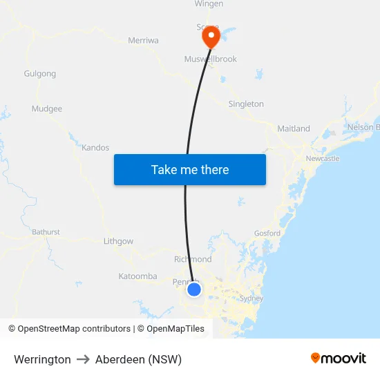 Werrington to Aberdeen (NSW) map