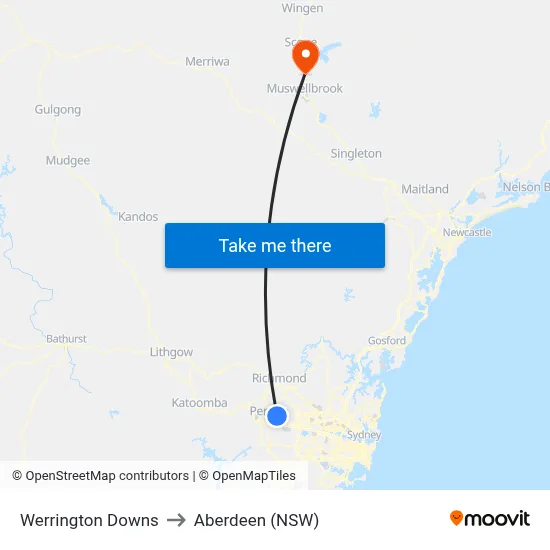 Werrington Downs to Aberdeen (NSW) map