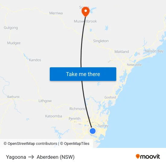 Yagoona to Aberdeen (NSW) map