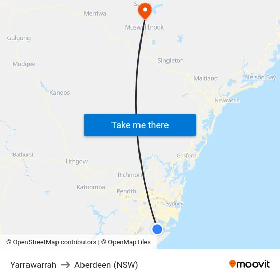 Yarrawarrah to Aberdeen (NSW) map