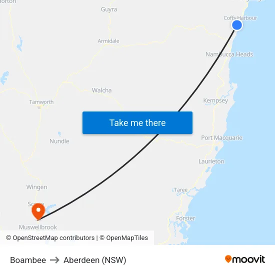 Boambee to Aberdeen (NSW) map