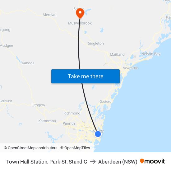 Town Hall Station, Park St, Stand G to Aberdeen (NSW) map