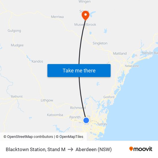 Blacktown Station, Stand M to Aberdeen (NSW) map