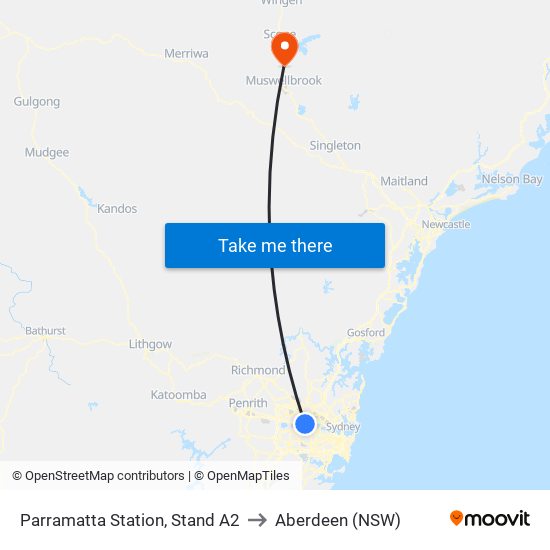 Parramatta Station, Stand A2 to Aberdeen (NSW) map